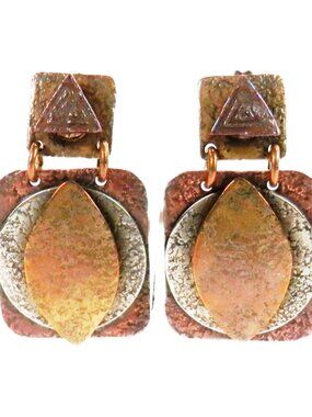 Baer SF Artisan Copper Brass Dangle Earrings Modernist Studio Jewelry Pierced